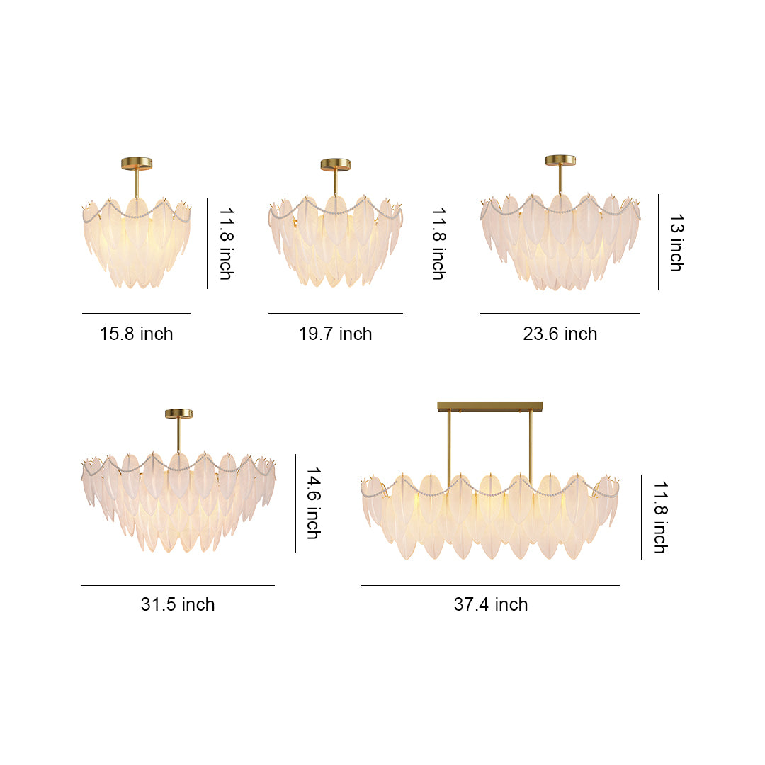 Modern luxury chandeliers with black T-bar mount and pink-tinted feather glass petals