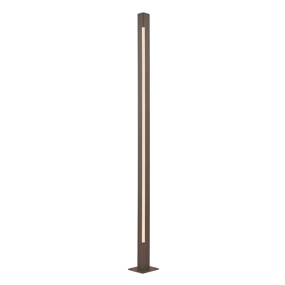 Minimalist black tall cylindrical led bollard light fixtures with a simple linear structure for outdoor landscapes.