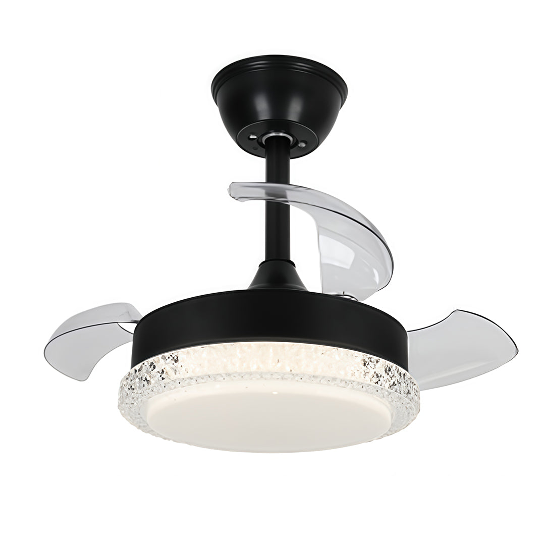 Black three blade ceiling fan with light showcasing flush mount design and frosted glass shade.