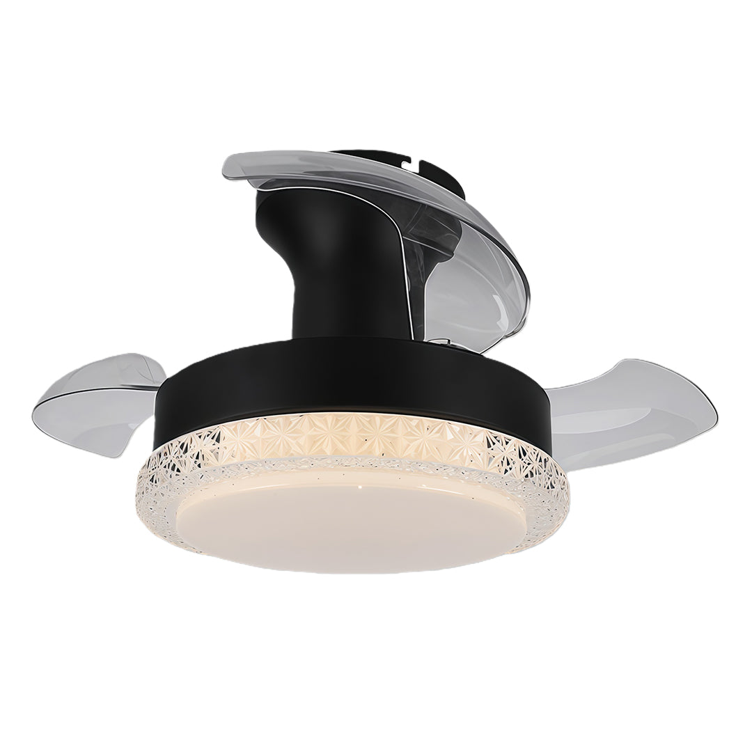 Black three blade ceiling fan with light featuring retractable transparent blades and dome light fixture.