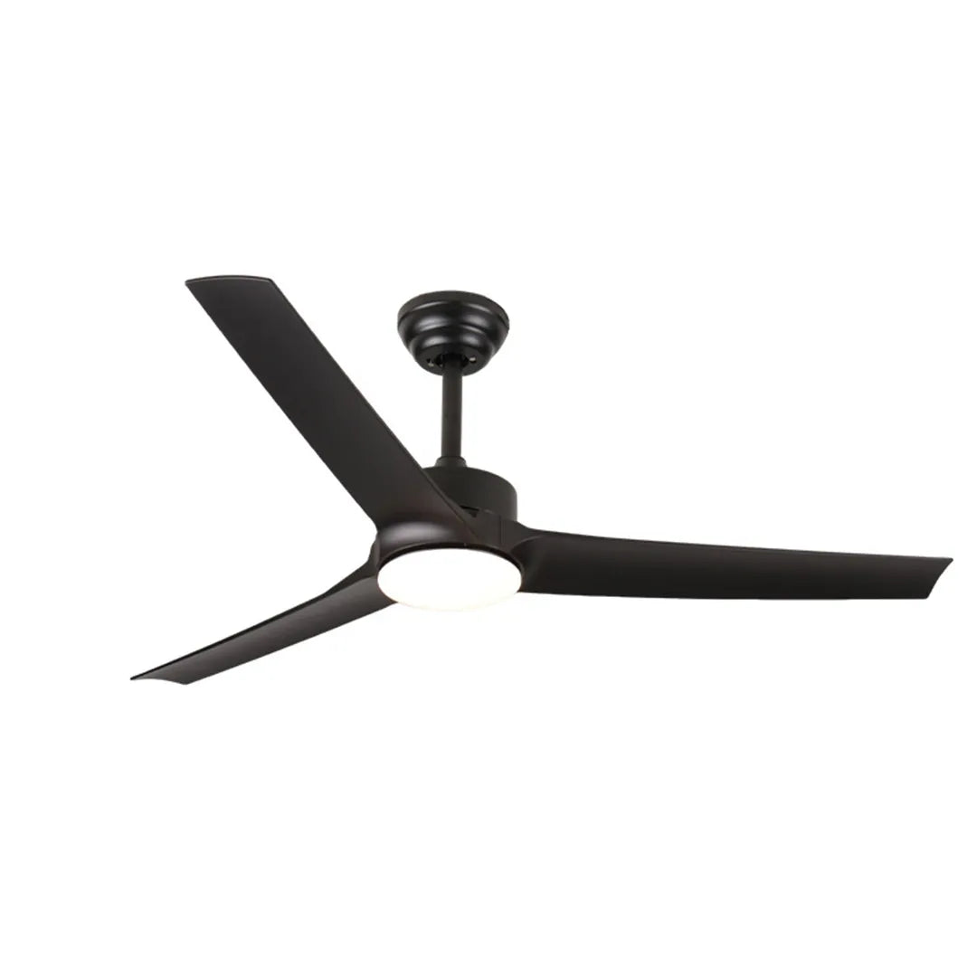 Black ceiling fan with light featuring three modern blades, a downrod mount, and an integrated LED.