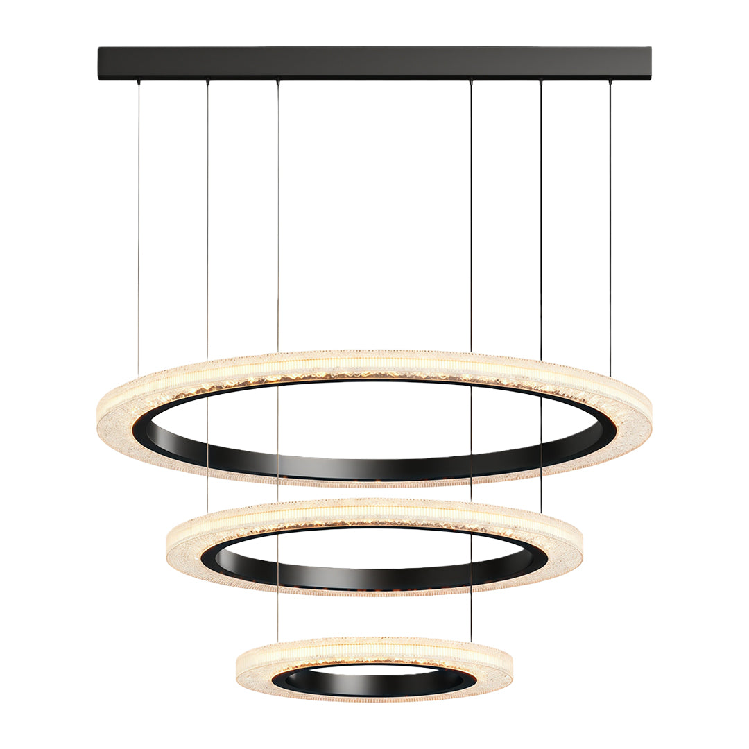 Modern luxury chandeliers in black with three-tier concentric crystal ring design