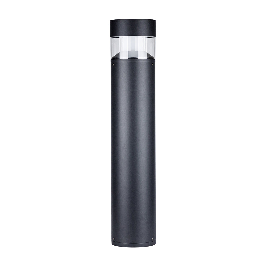 Black cylindrical bollard with horizontal transparent strip and modern minimalist design