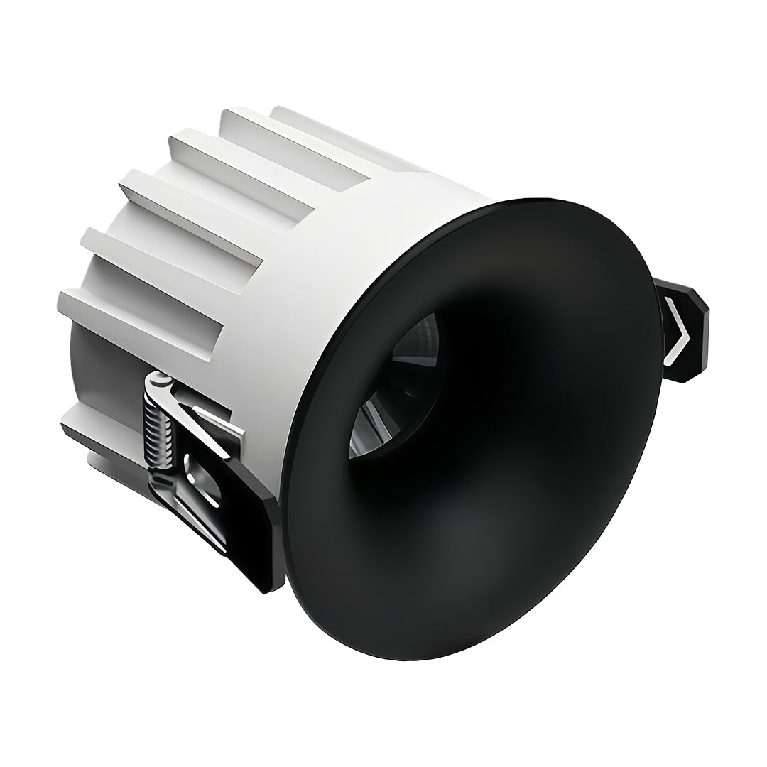 Black trimless recessed downlight with cylindrical design and integrated heat management system