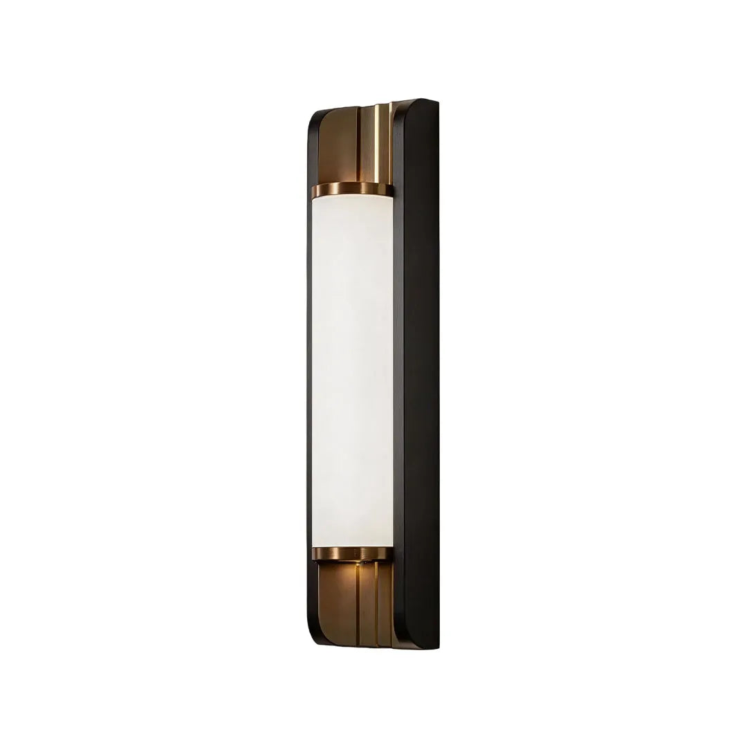 Up down outdoor wall sconce with elegant black aluminum housing and frosted diffuser.