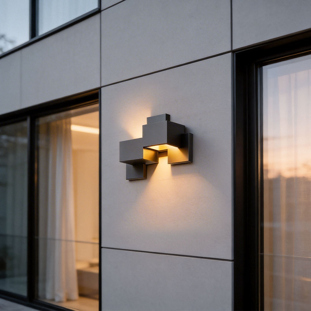 Black up down wall lights with a modern geometric design, mounted beside a large window.