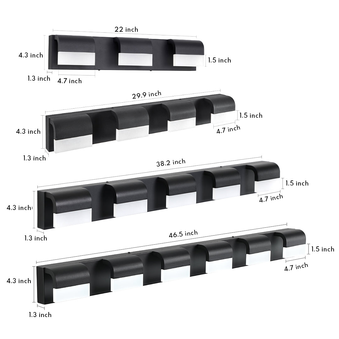 Black vanity lighting for bathroom with glass shade chandelier inspired modern linear design and chrome accent squares.