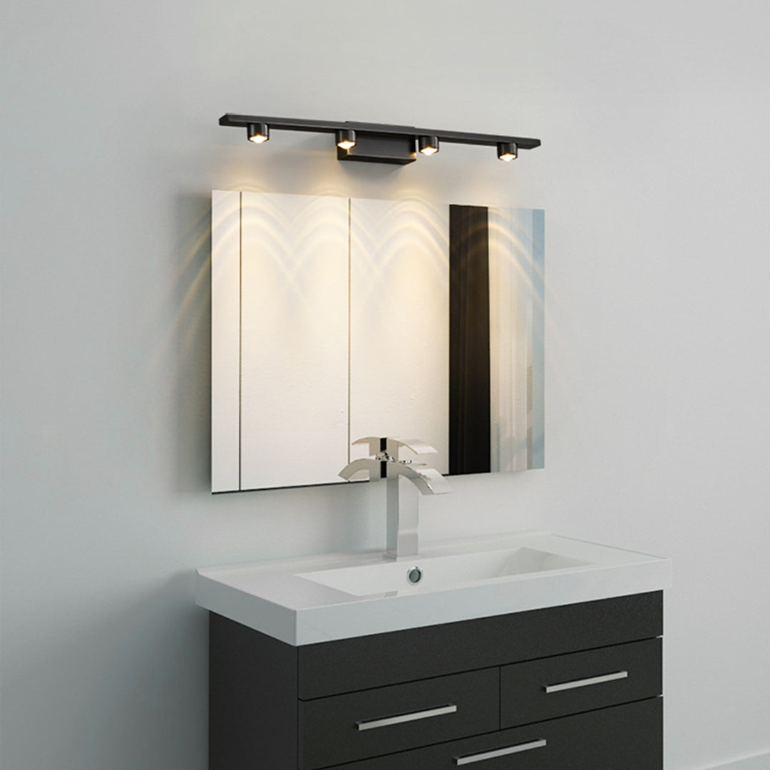 Black vanity lights for bathroom creating ambient wall lighting with multiple warm spotlights