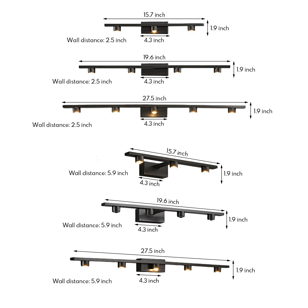 Black vanity lights for bathroom collection showing multiple modern track-style fixtures with adjustable spotlights in various configurations