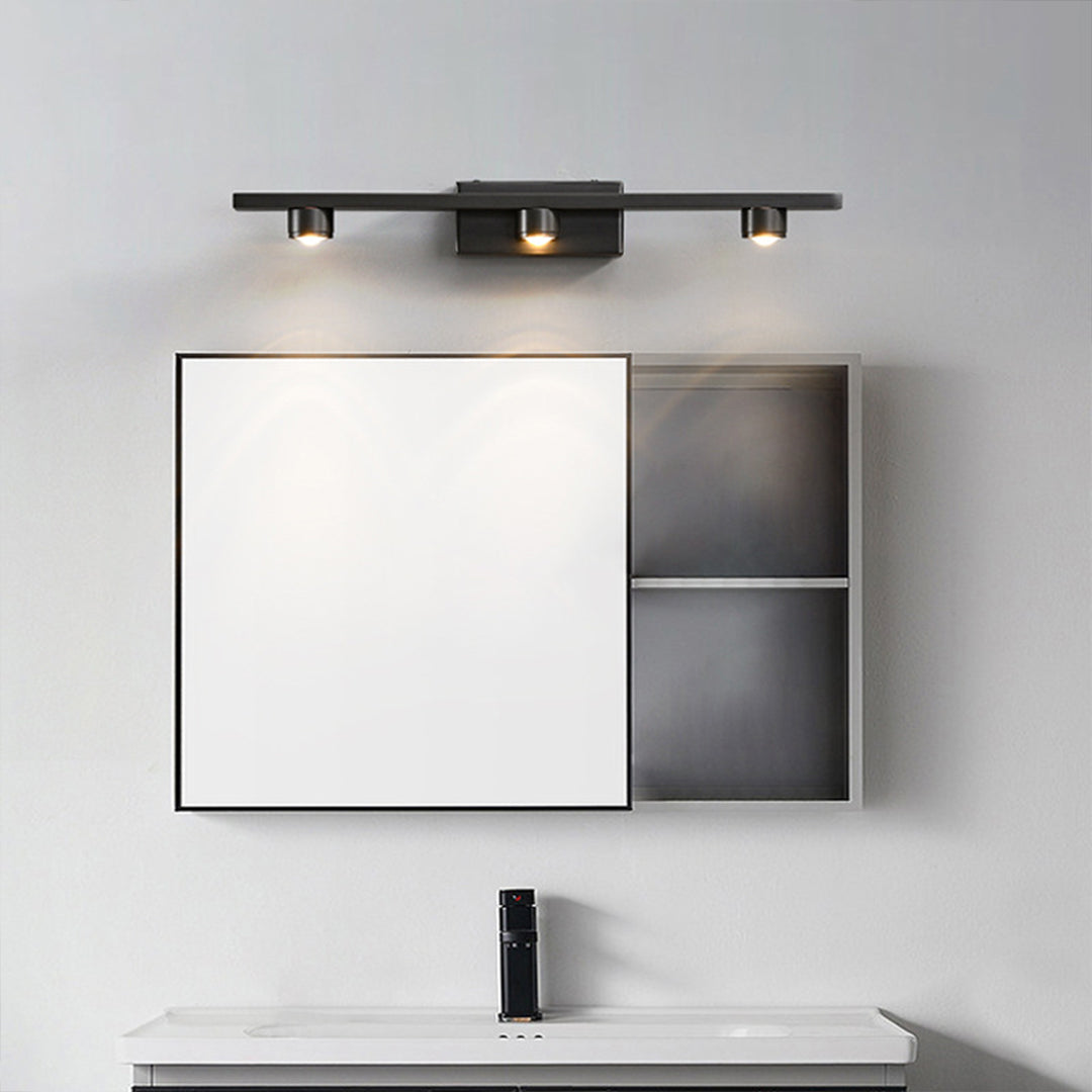 Black vanity lights for bathroom installed over modern vessel sink in contemporary white bathroom