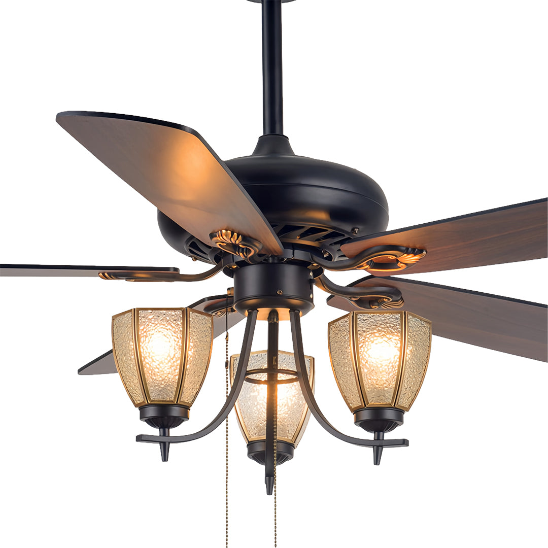 Black vintage style ceiling fan with lights showcasing five dark wood blades and three antique-style amber glass lamp shades.