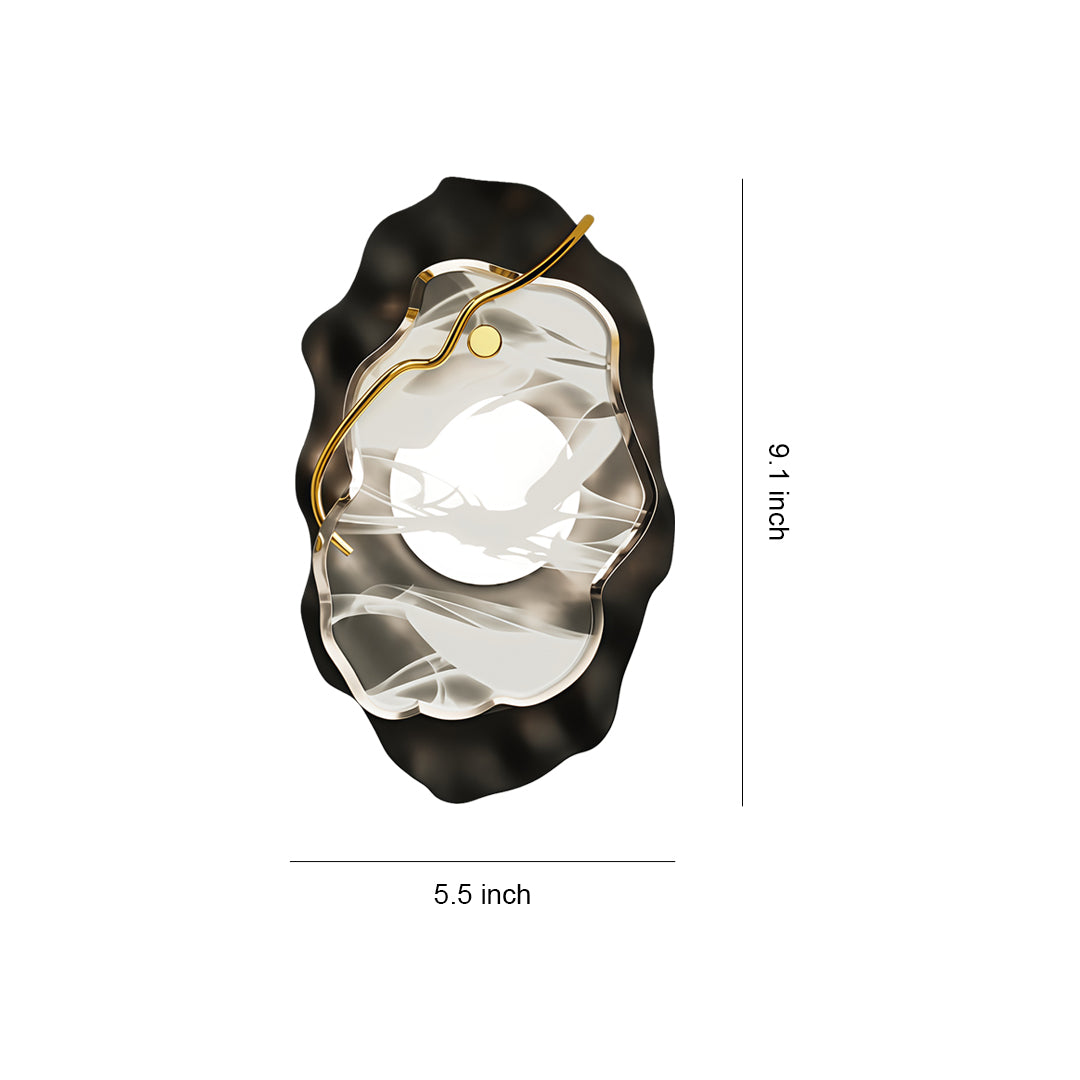 Black wall light with organic layered design and gold accent, displayed with height measurement