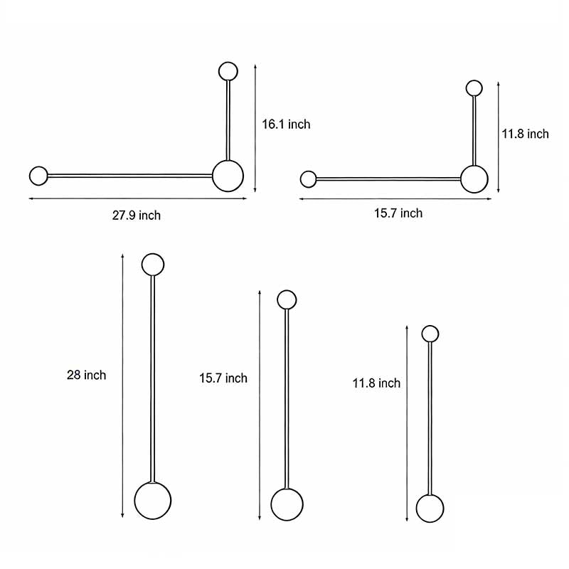 Technical diagram showing dimensions and structure of black wall light models.
