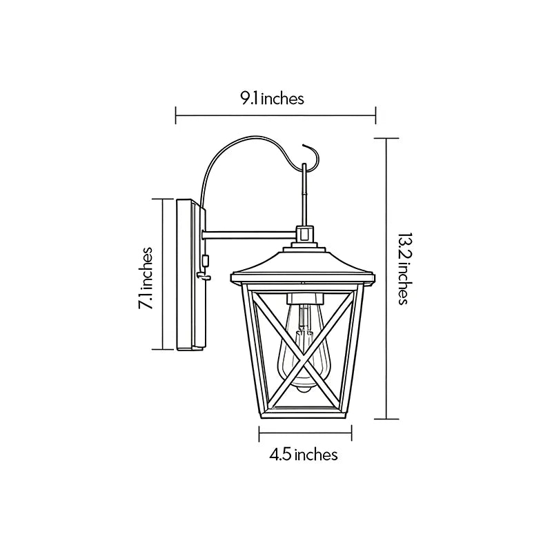 Black wall lighting dimension drawing showing fixture height, width, and wall projection measurements.