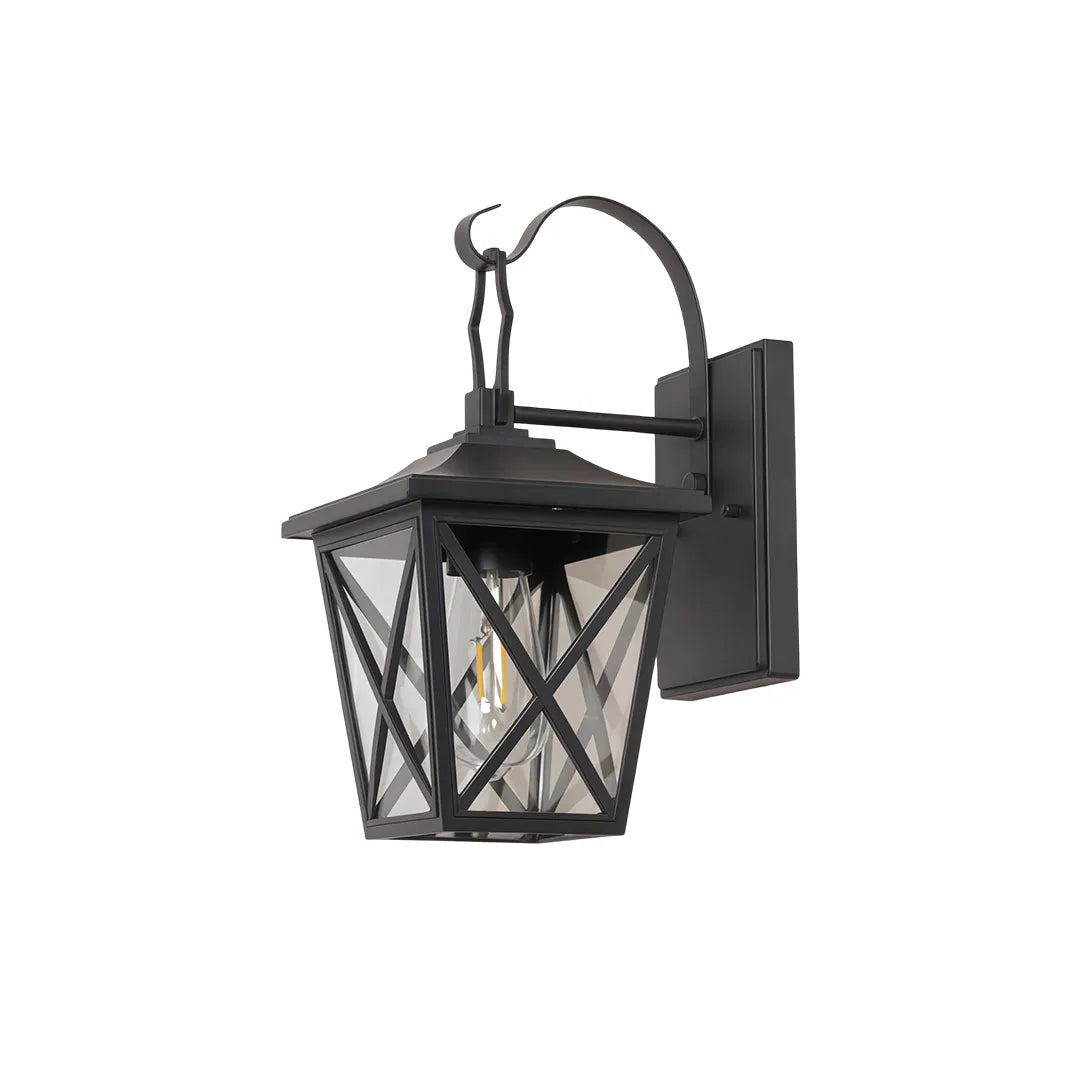 Black wall lighting product image showing a geometric lantern fixture with curved arm on a white background.