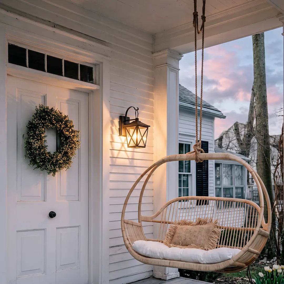 Black wall lighting installed beside a white porch door and hanging chair, creating a cozy outdoor seating area.