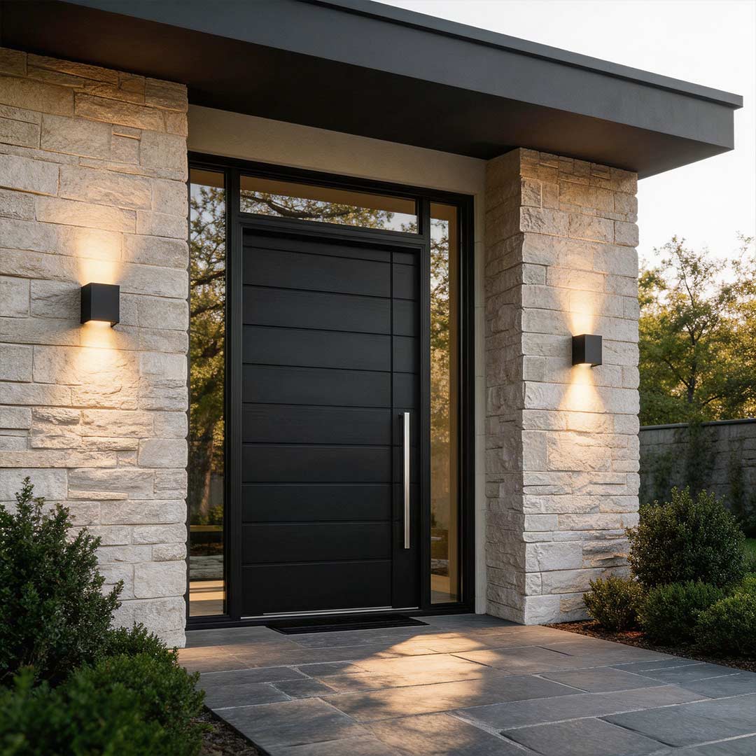 Black wall lights illuminating a modern house entrance with warm directional glow.
