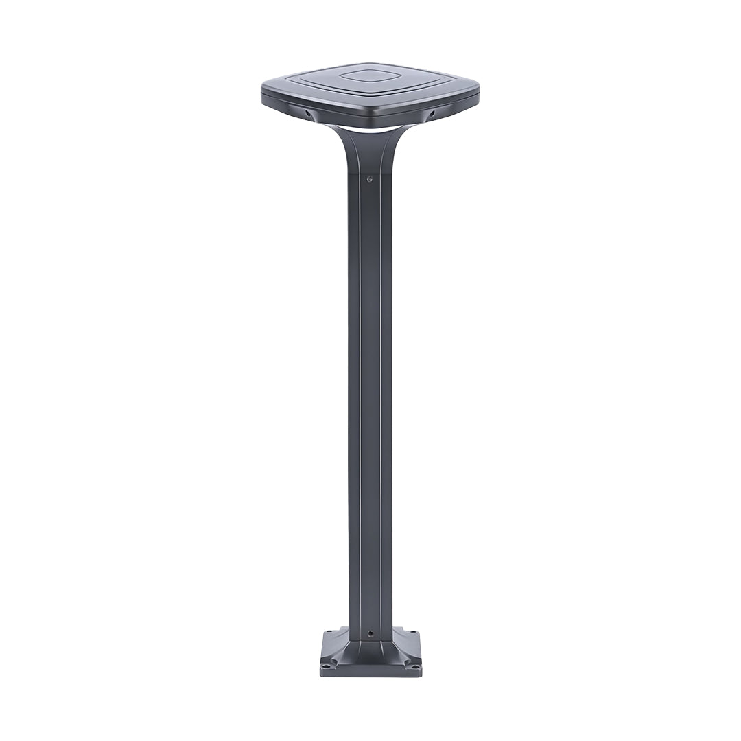 Bright black wall-mounted outdoor light with solar panel, placed beside the front door.