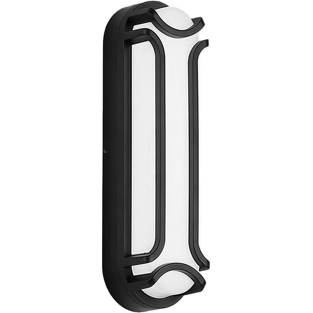 Black wall sconce with a frosted glass diffuser, installed on an outdoor brick wall, creating a contemporary lighting effect.