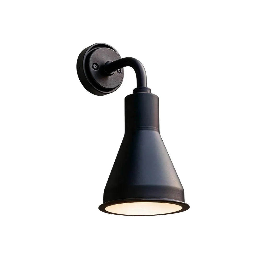 Black wall sconces outdoor lighting with modern gooseneck design on white background.