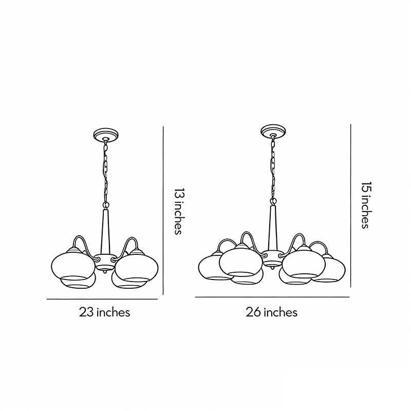 Technical diagram showing dimensions and structure of black walnut brass chandelier models.