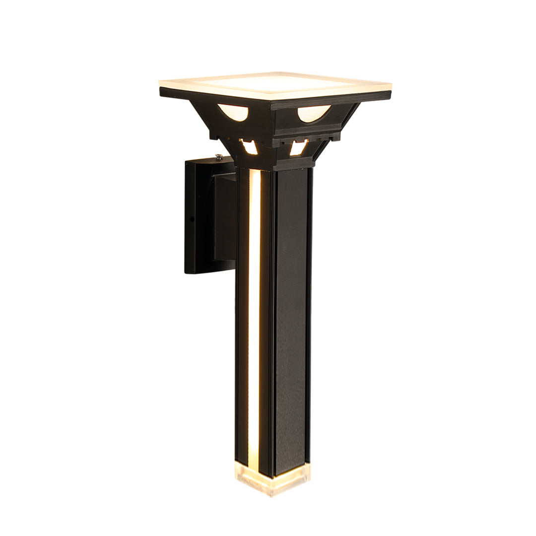 Black outdoor wall column lights with warm downward illumination.