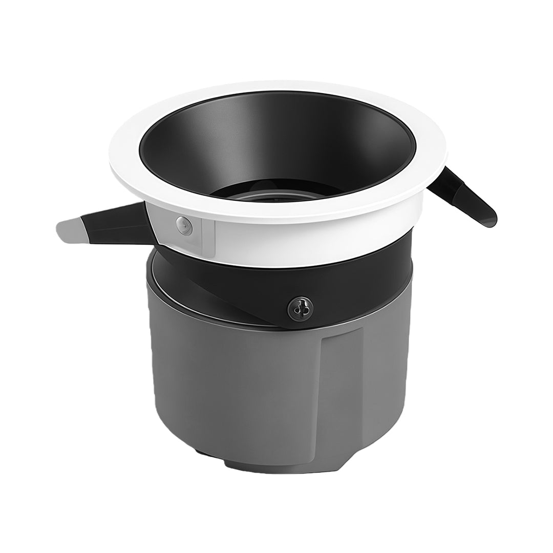 Black and white adjustable downlight with deep recess design and exposed heat sink