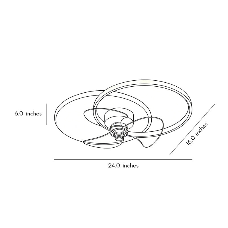 Technical dimension drawing illustrating installation size of a black and white ceiling fan with light.