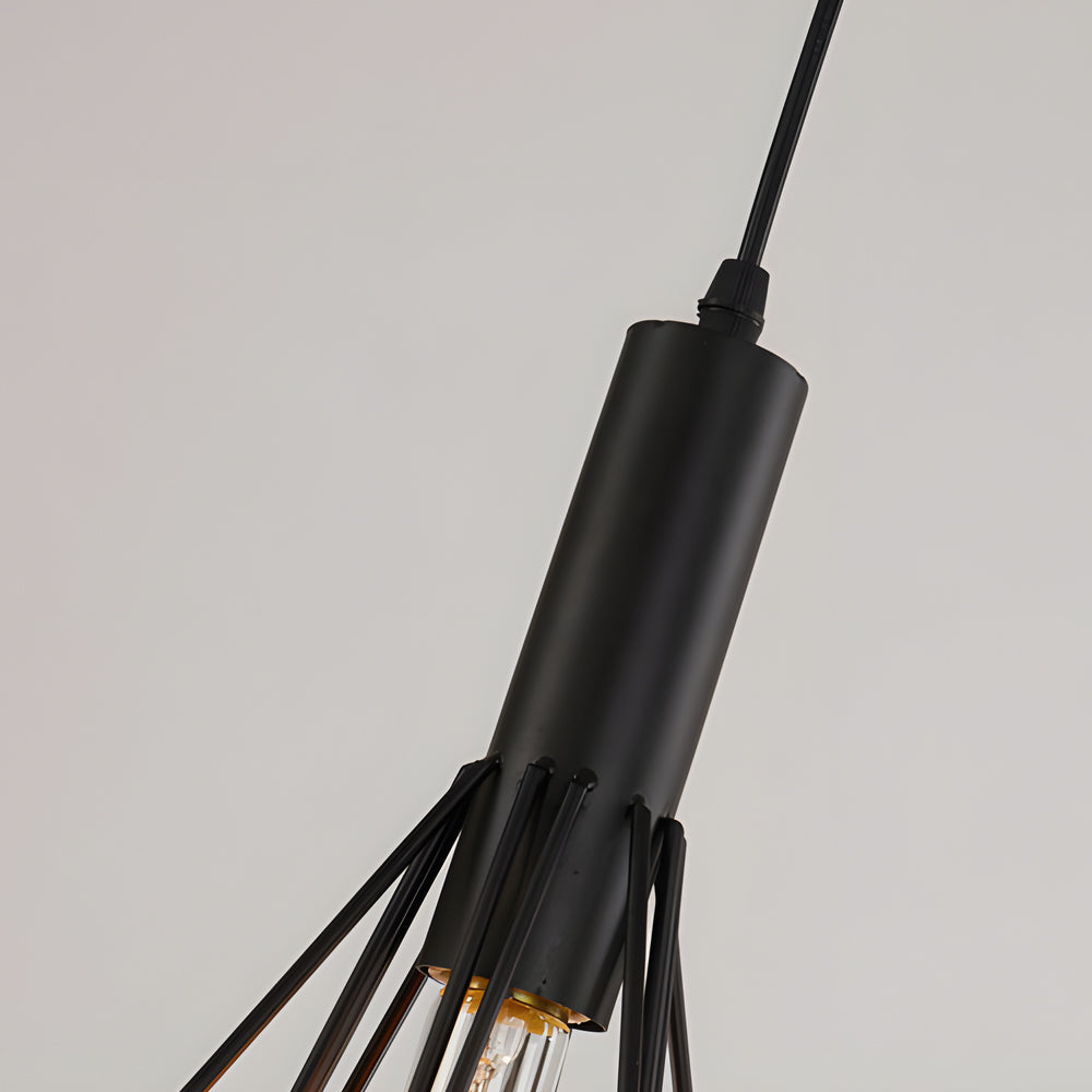 Black wire cage pendant light with a close-up of the geometric wire design.
