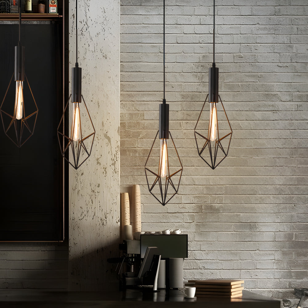 Black wire cage pendant light enhancing a contemporary bar area with geometric design.