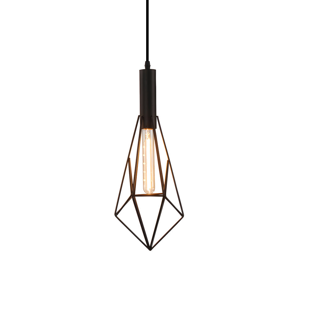 Black wire cage pendant light dimensions, front view with size specifications.