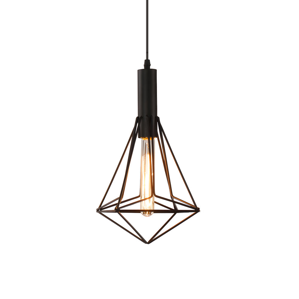 Black wire cage pendant light in industrial style, side view of the geometric design.
