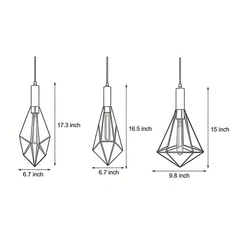 Line drawing of black wire cage pendant light dimensions, providing installation specifications.