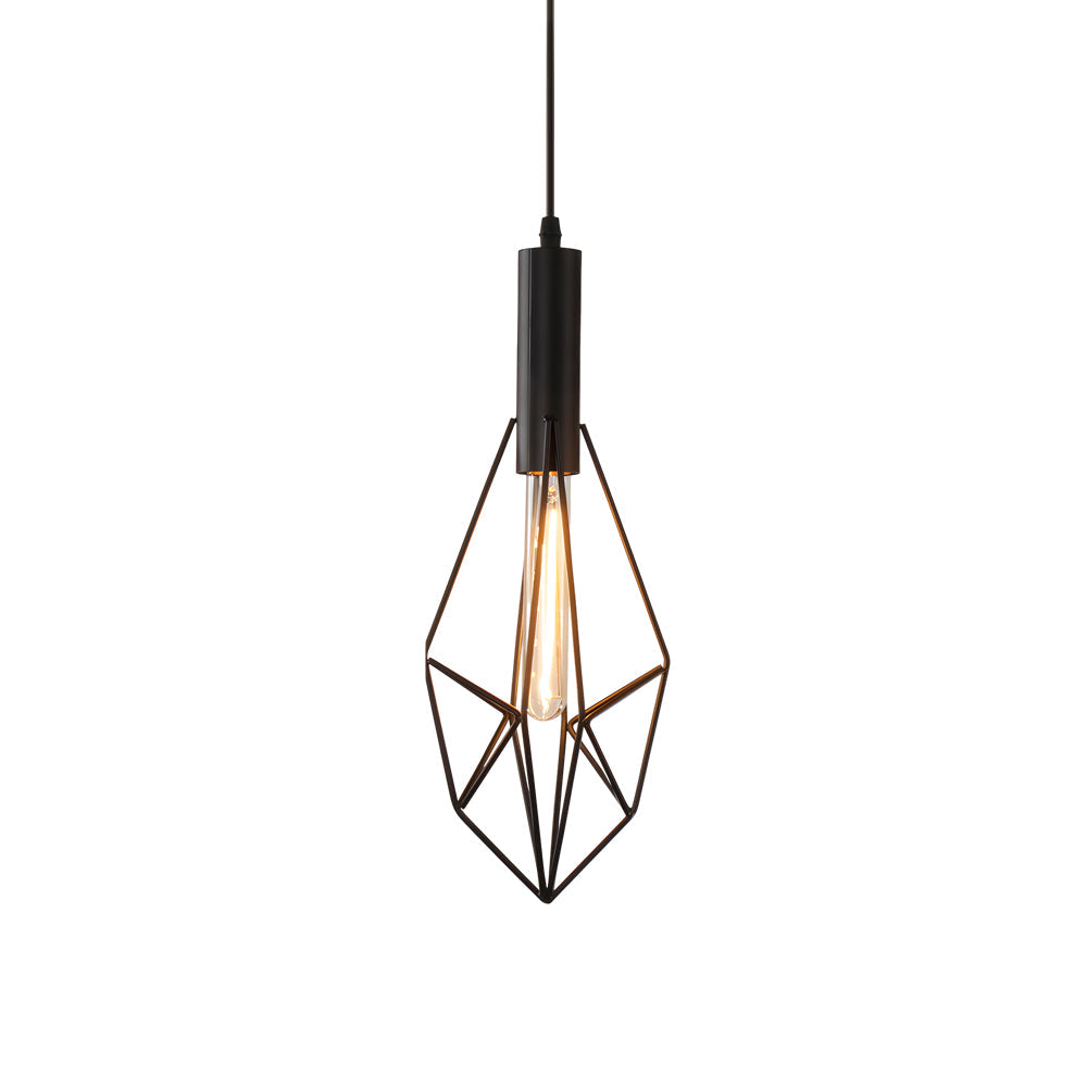 Black wire cage pendant light in minimalist style, front view of the sleek design.