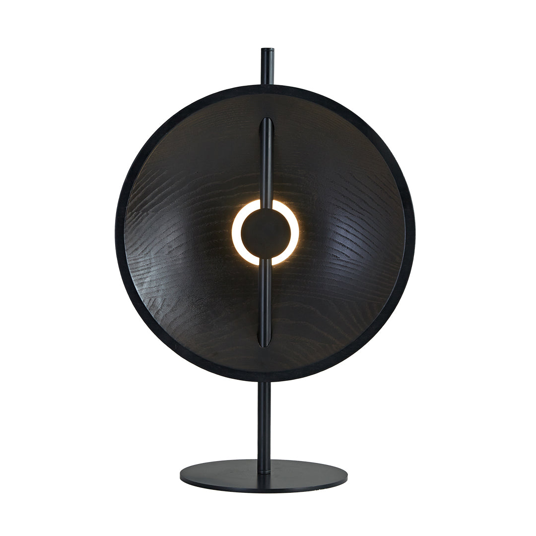 Black wood modern table lamp with circular shade and minimalist stand.