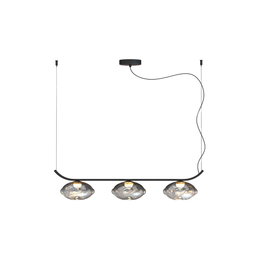 Three-light black wrought iron chandelier with adjustable cord design.