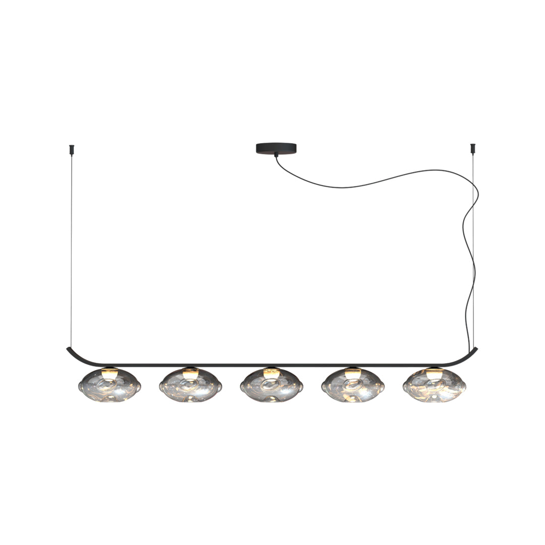 Five-light black wrought iron chandelier in linear arrangement.