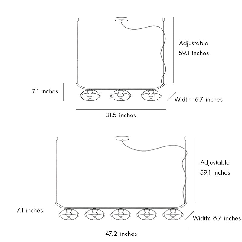 Dimension diagram of black wrought iron chandelier showing length, height, and width.