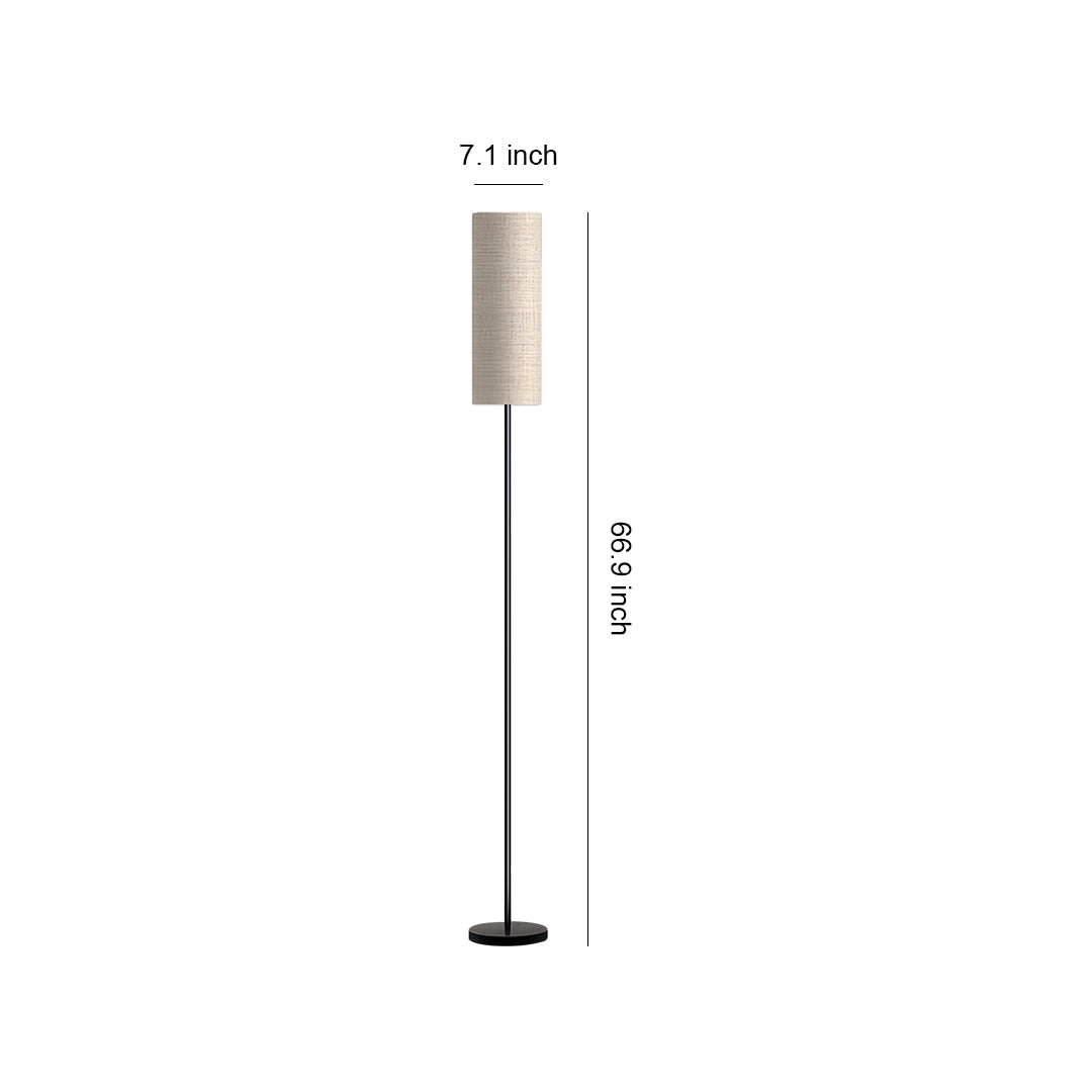 Product specification showing black wrought iron floor lamps with cylindrical shade and dimension details