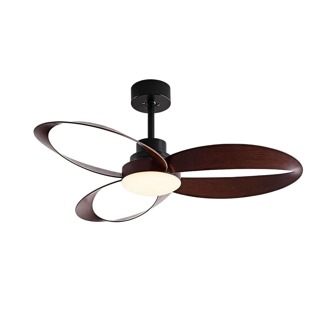 Close-up of modern ceiling fans with light showing the textured dark brown loop blade construction.