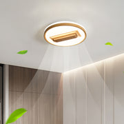 Bladeless ceiling fan with LED light in contemporary space with circular design creating comfortable air flow and illumination