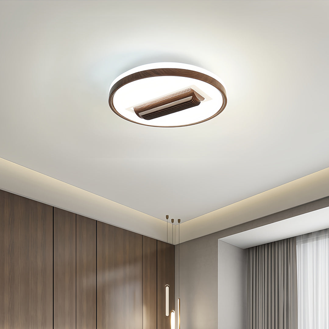 Bladeless ceiling fan with LED light in modern living room with oval design offering energy-efficient cooling and lighting