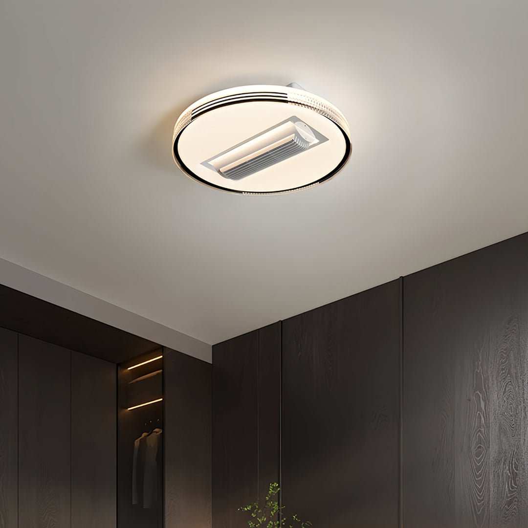 Bladeless ceiling fan with LED light in minimalist room with geometric design offering sleek cooling and integrated lighting