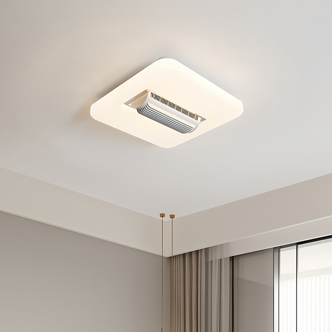 Bladeless ceiling fan with LED light installed in modern room showing rectangular design and ambient lighting effects
