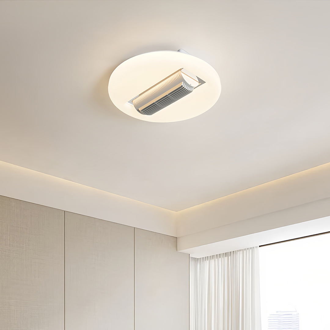 Bladeless ceiling fan with LED light in neutral space with circular frame providing innovative air technology and ambient illumination
