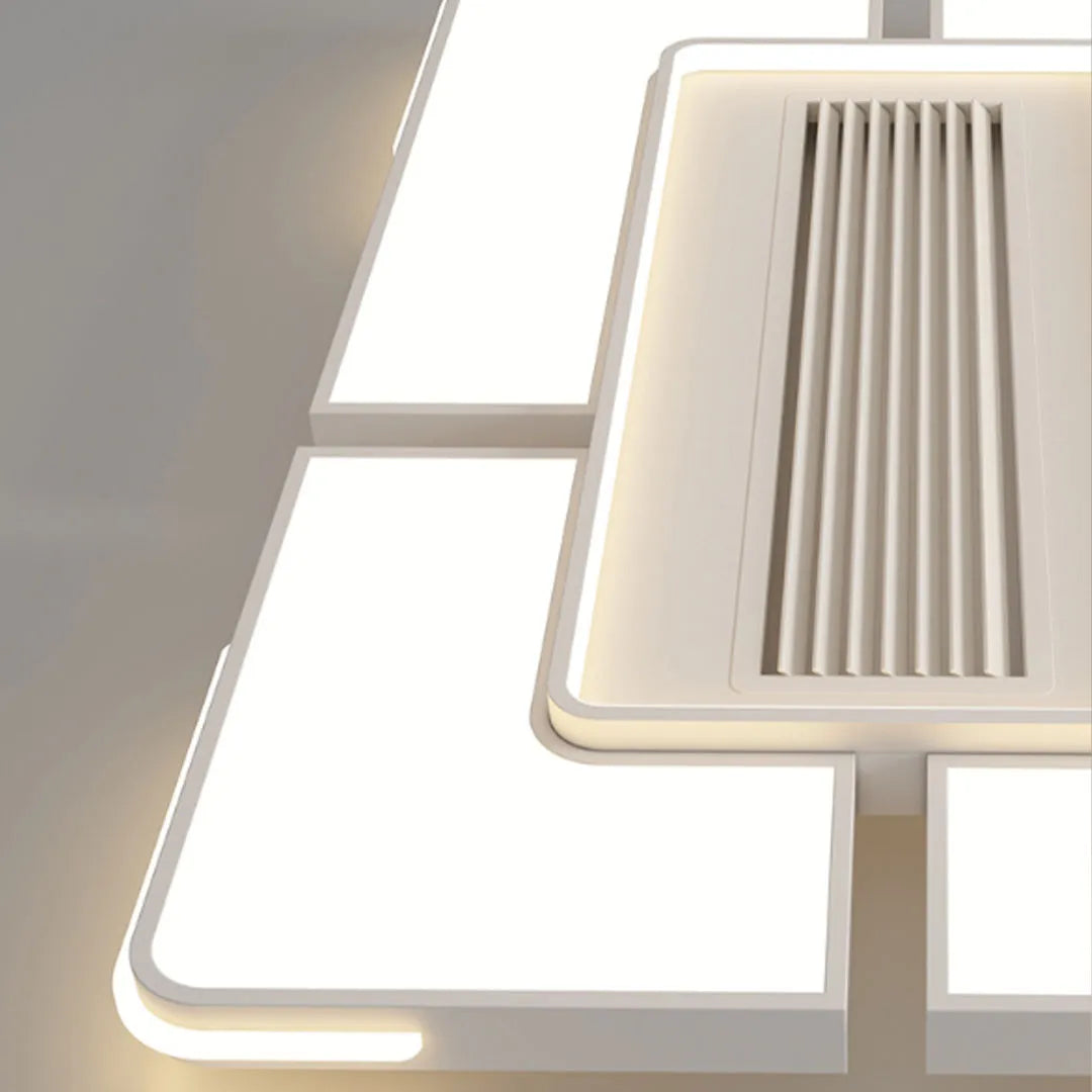 Close-up of bladeless ceiling fan with lighting highlighting the geometric LED frame and integrated air outlet.