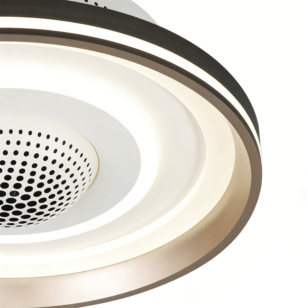 Bladeless ceiling fan with lighting with a close-up of its elegant design and light.