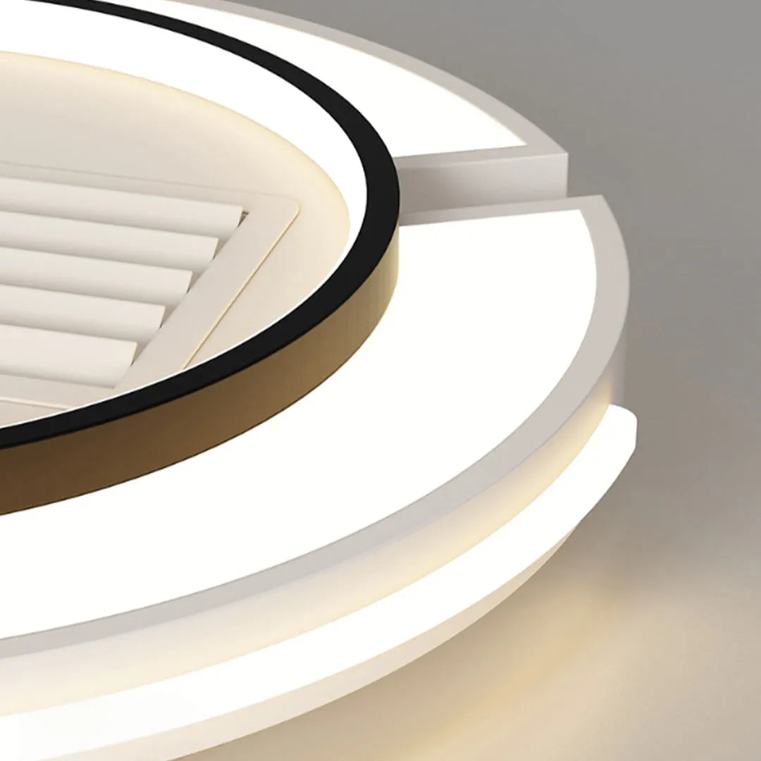 Close-up of bladeless ceiling fan with lighting showing the curved LED ring and layered modern frame.