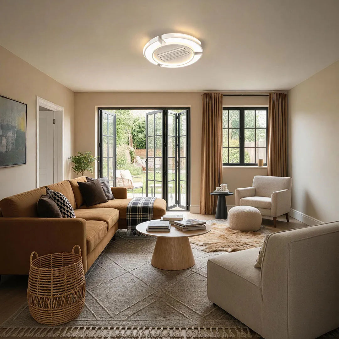 Bladeless ceiling fan with lighting installed in a contemporary living room with integrated LED light.