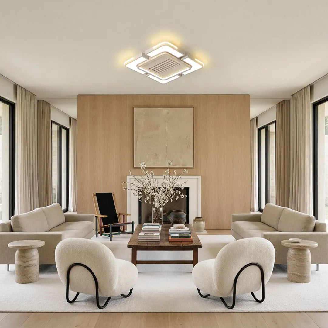 Bladeless ceiling fan with lighting mounted in a modern living area with a square LED design.